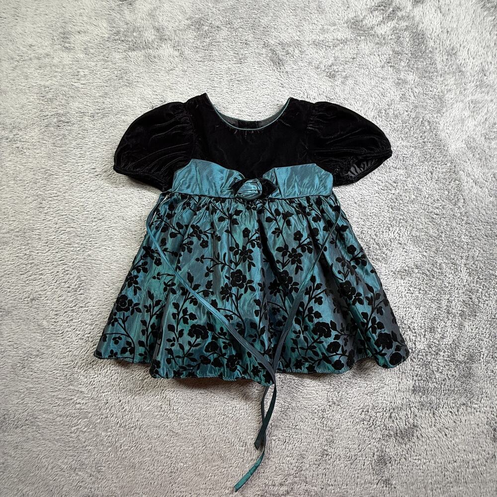 Rare Editions Girls 2T Holiday Dress Black Velvet Teal Floral Flocked Formal